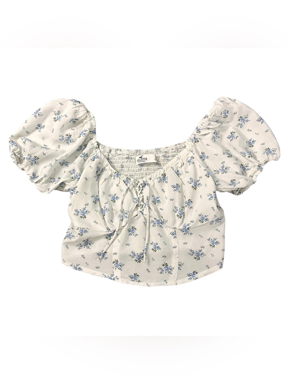 Hollister Women’s Small Blue Floral Puff Sleeve Smocked Corset Crop Top